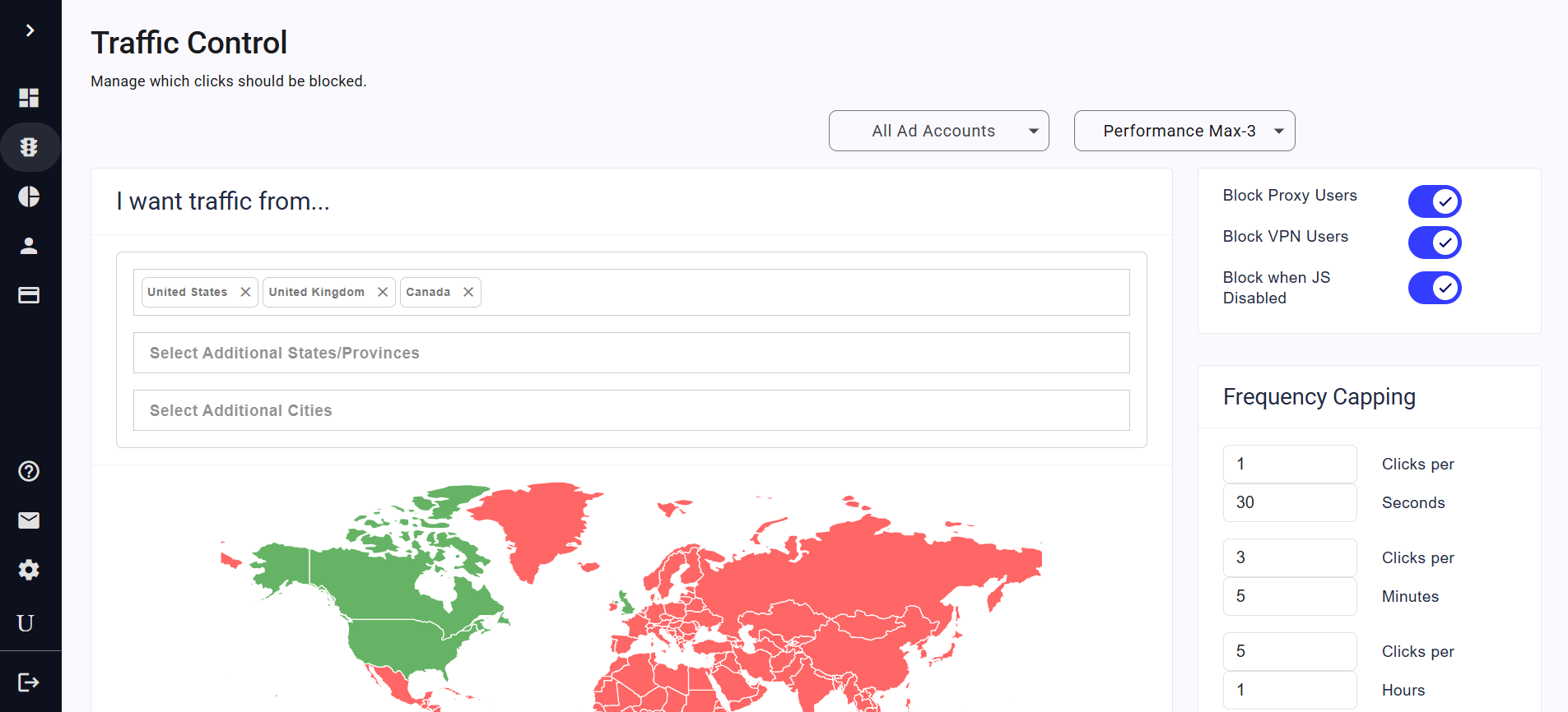 SILA traffic control panel for blocking invalid clicks